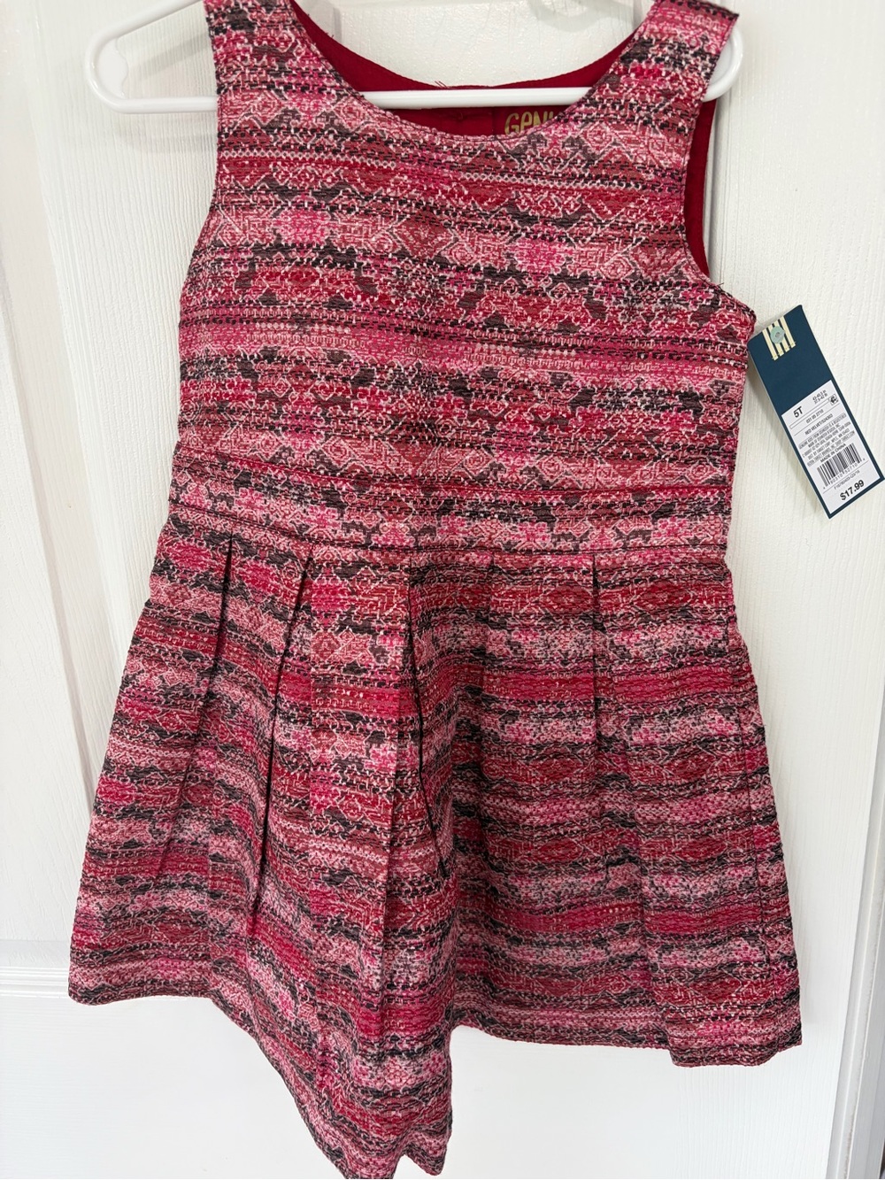 Girls' Sleeveless Pink Patterned Pleated Dress